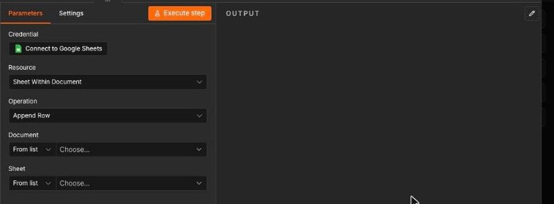 De Google Sheets-node met de actie Append row